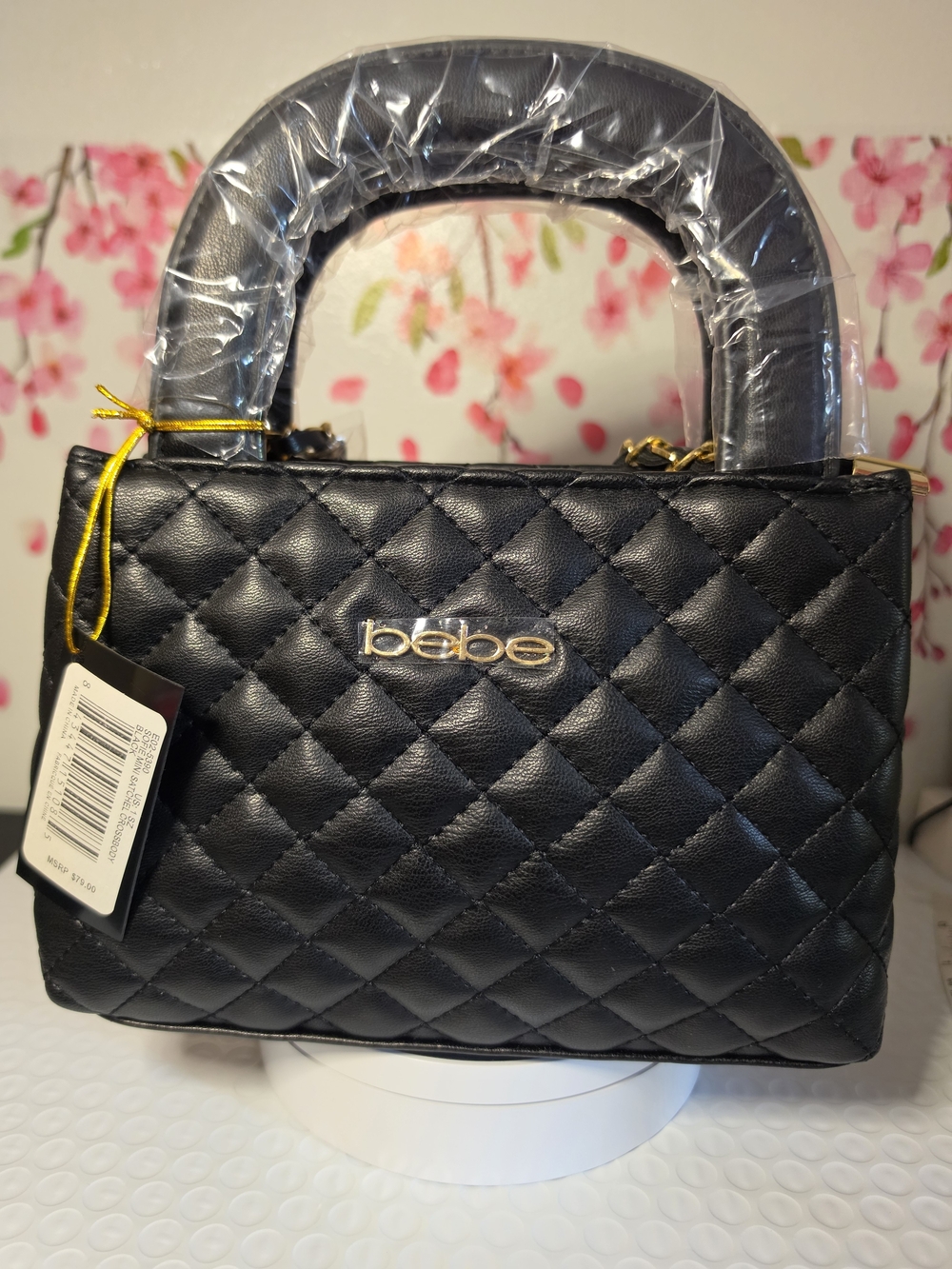 bebe Black Quilted Satchel with Gold Logo